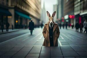 une lapin portant une costume et attacher permanent dans le milieu de une ville rue. généré par ai photo