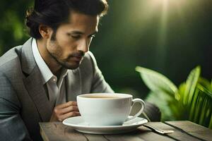 une homme dans une costume est séance à une table avec une tasse de café. généré par ai photo