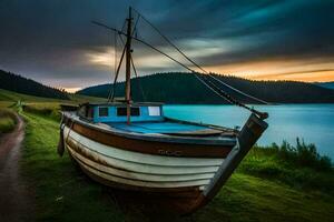 une bateau est assis sur le rive de une Lac à le coucher du soleil. généré par ai photo