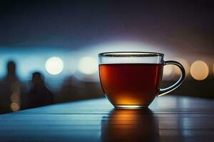 une tasse de thé sur une table dans de face de une paysage urbain. généré par ai photo