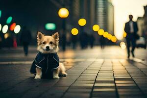 une chien dans une manteau séance sur le trottoir. généré par ai photo