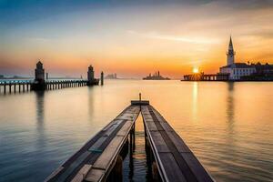 le Soleil monte plus de le l'eau et jetée dans venise. généré par ai photo