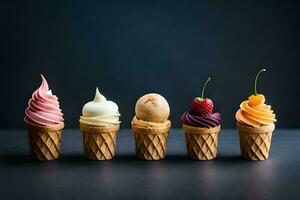 différent les saveurs de la glace crème dans cônes. généré par ai photo