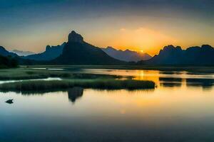 le Soleil monte plus de montagnes et l'eau. généré par ai photo