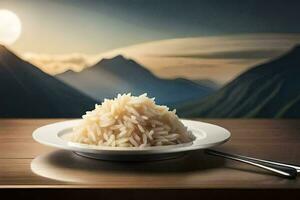 une assiette de riz sur une table avec une Montagne dans le Contexte. généré par ai photo