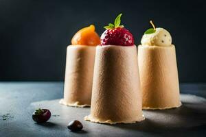 Trois la glace crème cônes avec fruit sur Haut. généré par ai photo