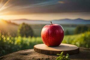 un Pomme est assis sur une en bois souche dans de face de une le coucher du soleil. généré par ai photo