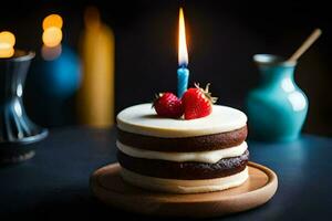 une anniversaire gâteau avec une Célibataire bougie. généré par ai photo