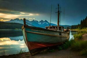 une bateau est assis sur le rive de une Lac à le coucher du soleil. généré par ai photo