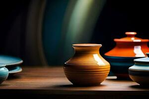 une table avec nombreuses coloré des vases et assiettes. généré par ai photo