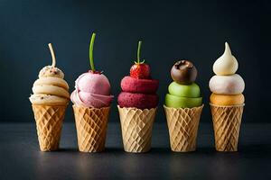 cinq différent la glace crème cônes avec différent les saveurs. généré par ai photo