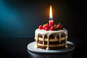 une anniversaire gâteau avec une bougie sur Haut. généré par ai photo