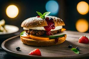 une Hamburger avec baies et fromage sur une en bois plaque. généré par ai photo