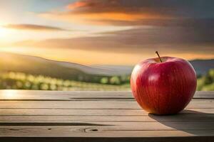 un Pomme est assis sur une en bois table dans de face de une le coucher du soleil. généré par ai photo