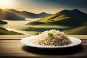 une assiette de riz avec montagnes dans le Contexte. généré par ai photo