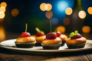 petit petits gâteaux avec baies sur une plaque. généré par ai photo