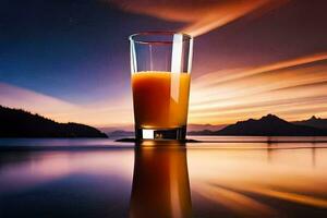 une verre de Orange jus sur le bord de une lac. généré par ai photo