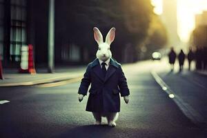 une lapin habillé dans une costume et attacher en marchant vers le bas une rue. généré par ai photo