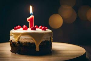 une anniversaire gâteau avec une Célibataire bougie sur Haut. généré par ai photo