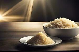 une bol de riz et une assiette de riz. généré par ai photo