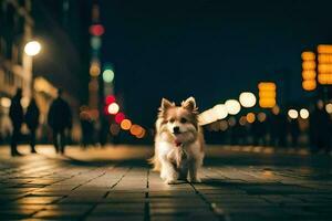 une chien en marchant sur une ville rue à nuit. généré par ai photo