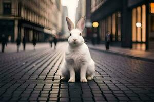 une blanc lapin séance sur le rue dans une ville. généré par ai photo