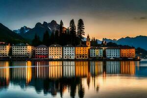 le magnifique ville de Lac Côme à le coucher du soleil. généré par ai photo