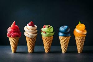 cinq différent la glace crème cônes avec différent les saveurs. généré par ai photo