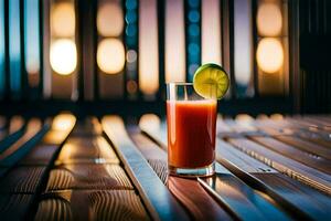 une verre de jus sur une en bois tableau. généré par ai photo