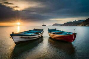 deux bateaux sur le l'eau à le coucher du soleil. généré par ai photo