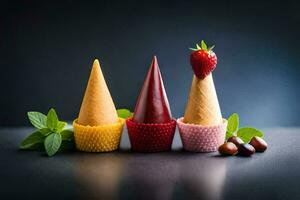 Trois la glace crème cônes avec des fraises et menthe feuilles. généré par ai photo