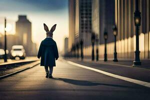 une lapin portant une manteau et chapeau est en marchant vers le bas une rue. généré par ai photo