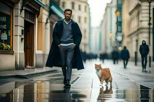 homme en marchant avec chat dans le pluie. généré par ai photo