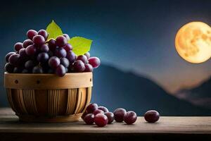 les raisins dans une panier avec une plein lune dans le Contexte. généré par ai photo