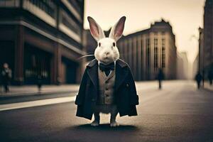 une lapin habillé dans une costume et attacher permanent sur le rue. généré par ai photo