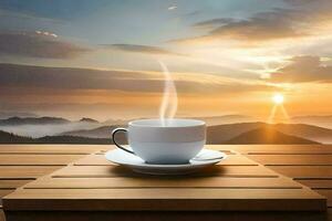 une tasse de café sur une en bois table avec une vue de le montagnes. généré par ai photo