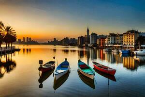 bateaux sont amarré dans le l'eau à le coucher du soleil. généré par ai photo