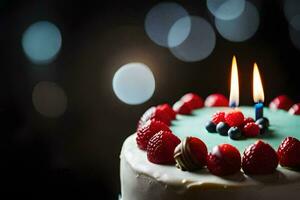 une anniversaire gâteau avec deux bougies et baies. généré par ai photo