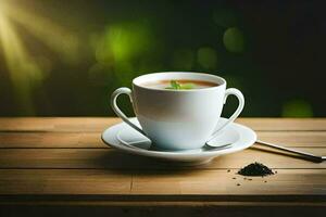 une tasse de thé sur une en bois tableau. généré par ai photo