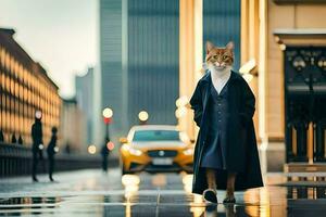 une chat habillé dans une costume et attacher en marchant vers le bas une ville rue. généré par ai photo