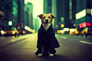 une chien dans une manteau séance sur le rue. généré par ai photo