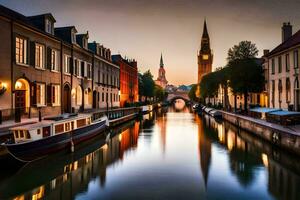 une canal dans le milieu de une ville à crépuscule. généré par ai photo