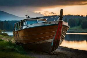 une bateau est assis sur le rive de une Lac à le coucher du soleil. généré par ai photo