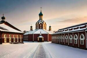 une église dans le neige avec neige sur le sol. généré par ai photo