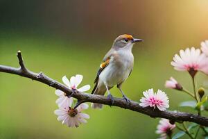 une petit oiseau est perché sur une branche avec rose fleurs. généré par ai photo