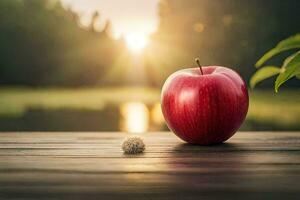 un Pomme est assis sur une en bois table avec une Soleil dans le Contexte. généré par ai photo