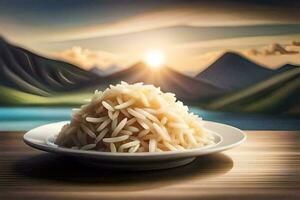 une assiette de riz sur une table avec montagnes dans le Contexte. généré par ai photo