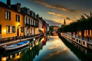 une canal dans le milieu de une ville à le coucher du soleil. généré par ai photo