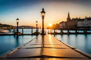 photo fond d'écran le ciel, eau, coucher de soleil, le ville, le pont, le ville, le. généré par ai