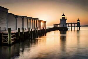 une phare est vu à le coucher du soleil dans de face de une Dock. généré par ai photo